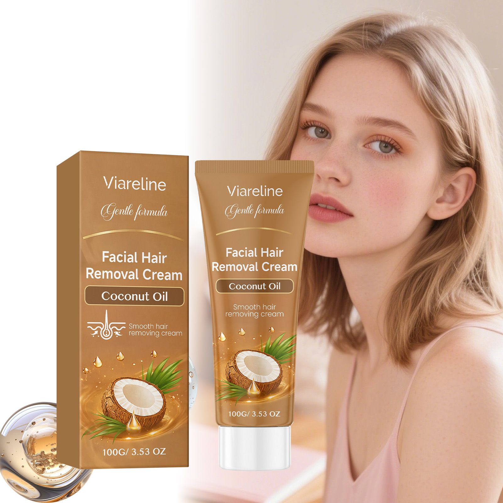 VIARELINE Coconut Oil Facial Hair Removal Cream Say Goodbye to Troubles Gentle Formula Skin-Friendly and Non-Irritating