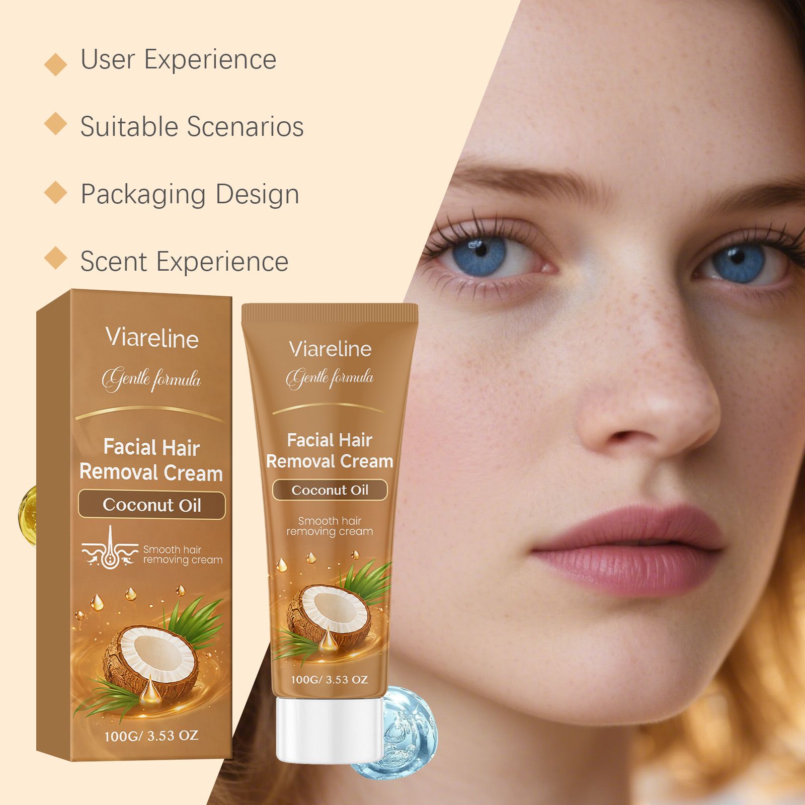 VIARELINE Coconut Oil Facial Hair Removal Cream Say Goodbye to Troubles Gentle Formula Skin-Friendly and Non-Irritating