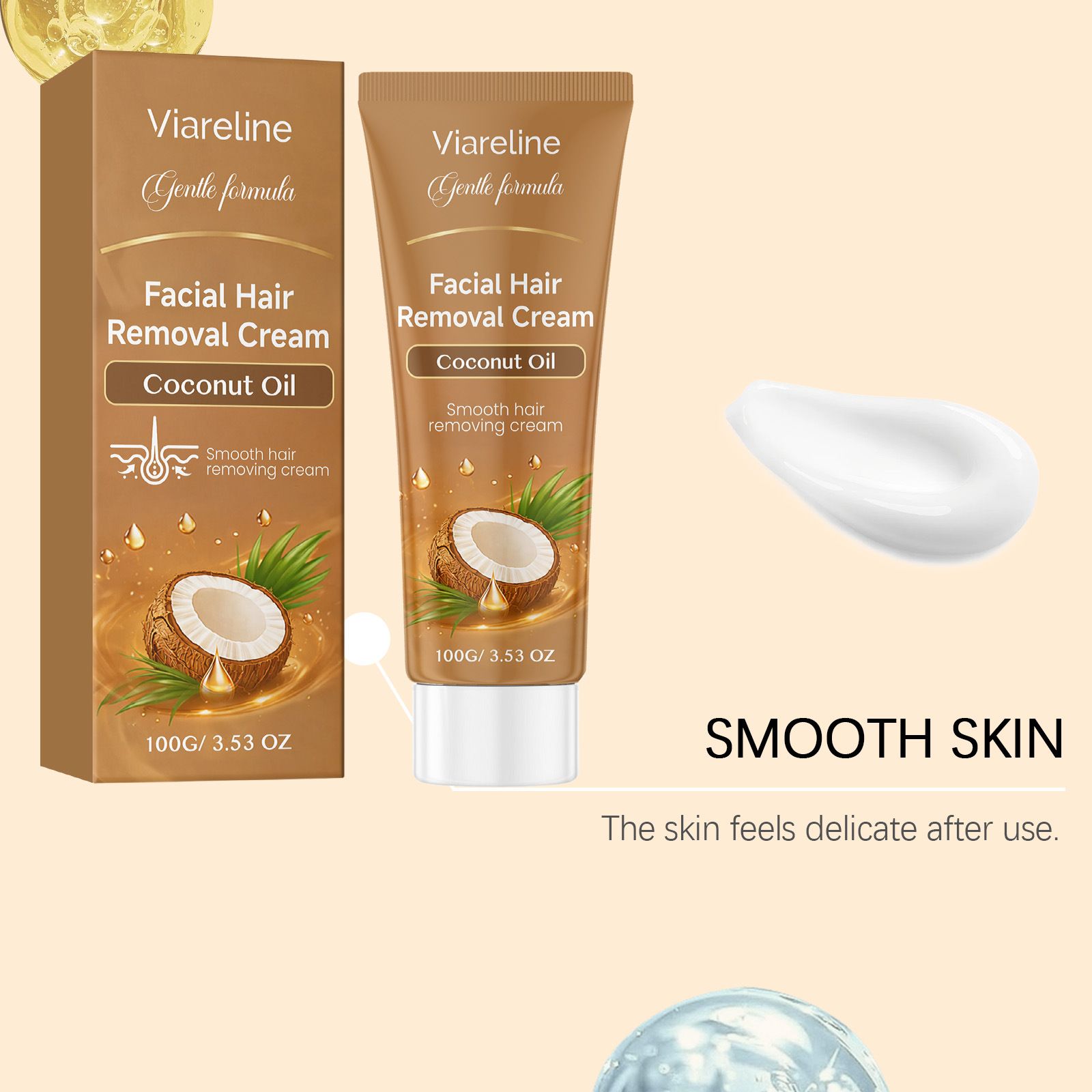 VIARELINE Coconut Oil Facial Hair Removal Cream Say Goodbye to Troubles Gentle Formula Skin-Friendly and Non-Irritating