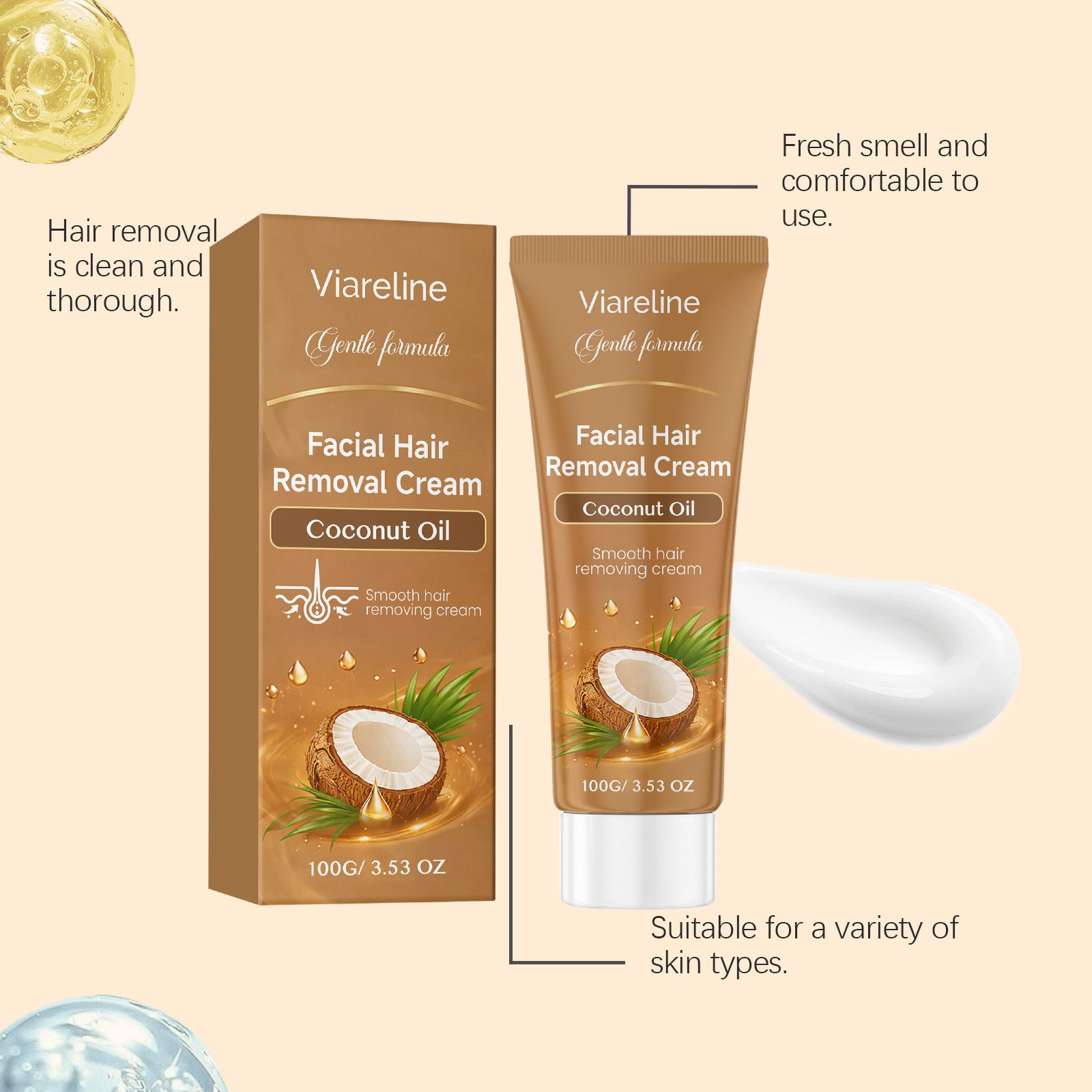 VIARELINE Coconut Oil Facial Hair Removal Cream Say Goodbye to Troubles Gentle Formula Skin-Friendly and Non-Irritating