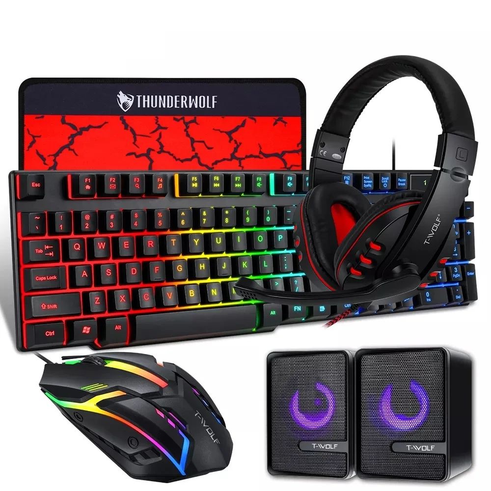 TWOLF TF850 5 in 1 Gift Laptop Gaming Teclado Keyboard and Mouse Speaker Headphones Pads Combos Kit Gaming for PC Gamer