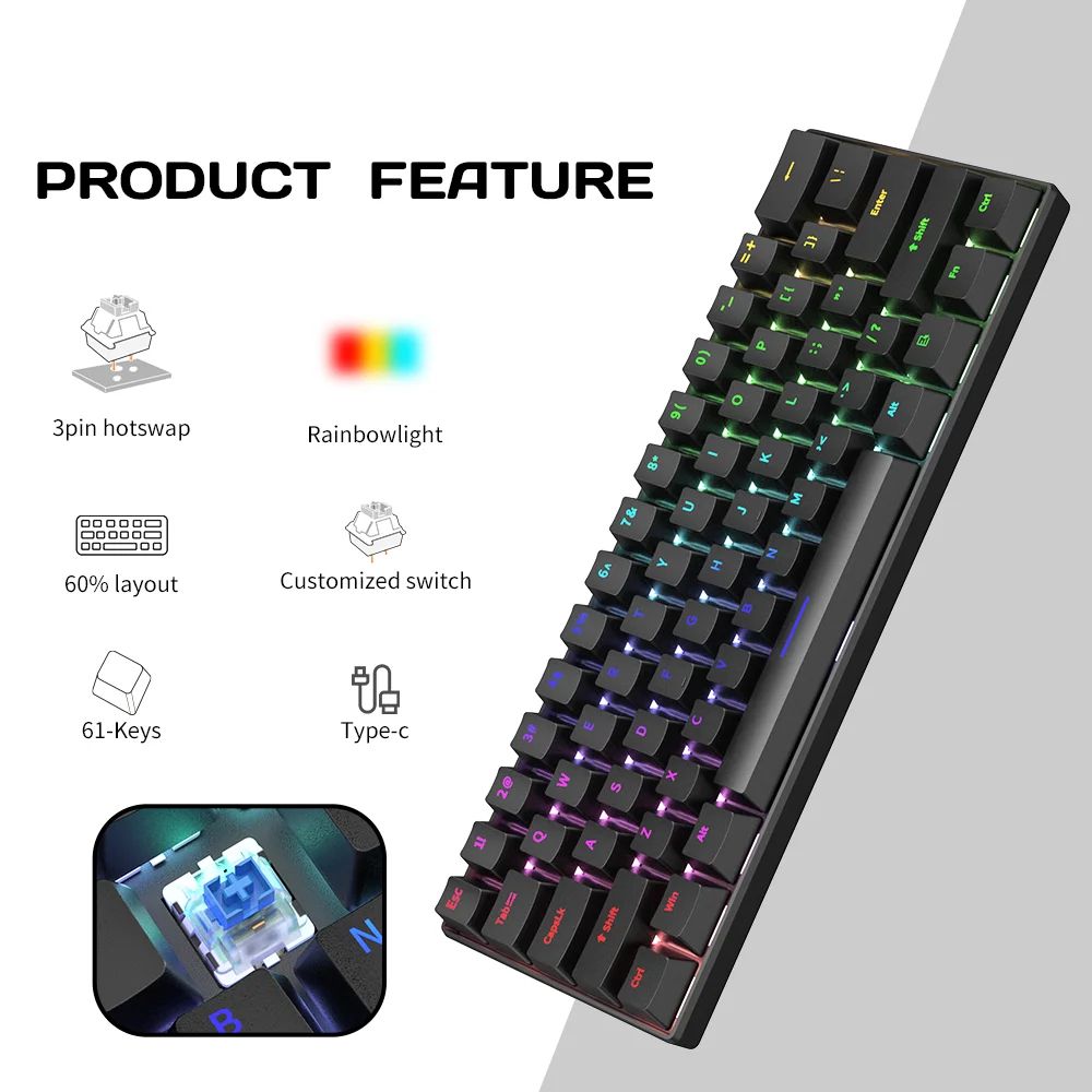 Mechanical Keyboard RGB Led Backlit Hot Swappable Mechanical 68Keys Gaming Keyboards For Pc Computer Laptop 60% Gaming Keyboard