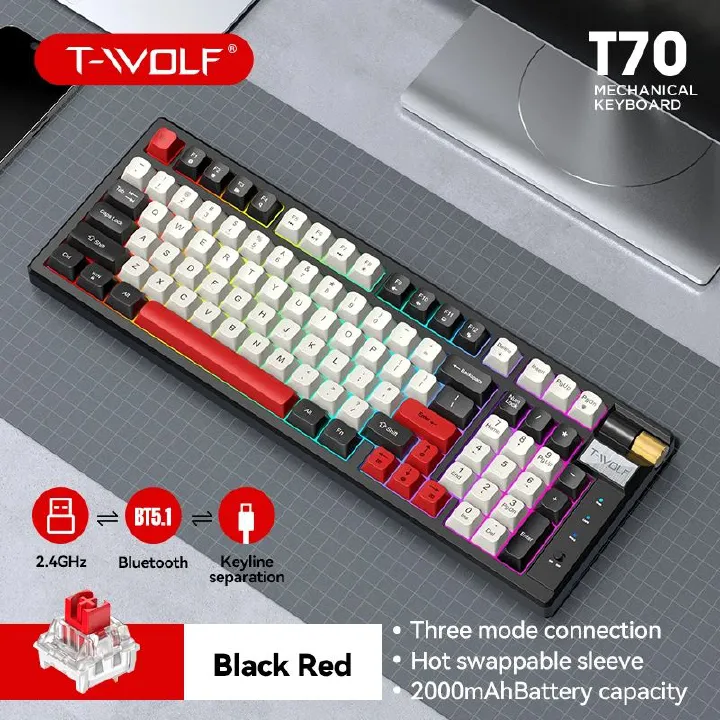 T70 Three mode mechanical keyboard Hot Swappable custom RGB computer gaming keyboard Wireless keyboard with knob