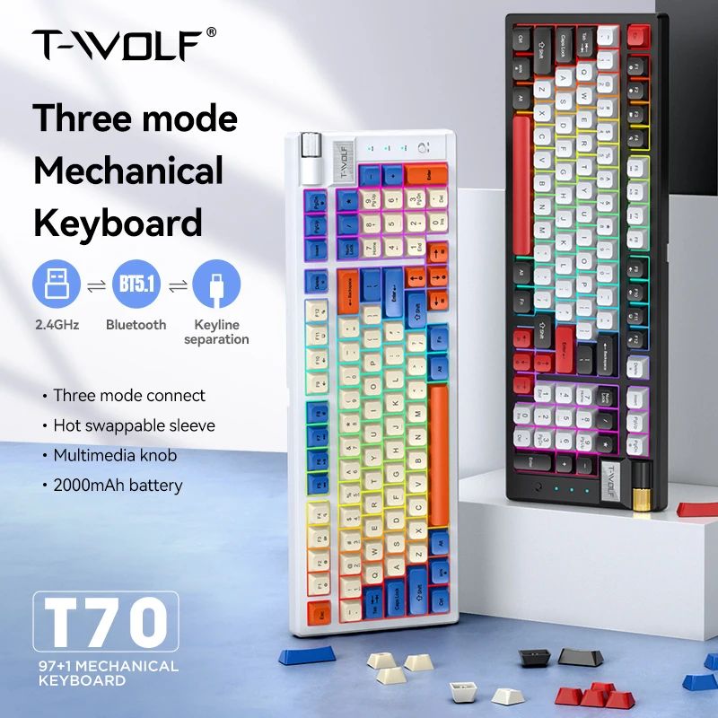 T70 Three mode mechanical keyboard Hot Swappable custom RGB computer gaming keyboard Wireless keyboard with knob