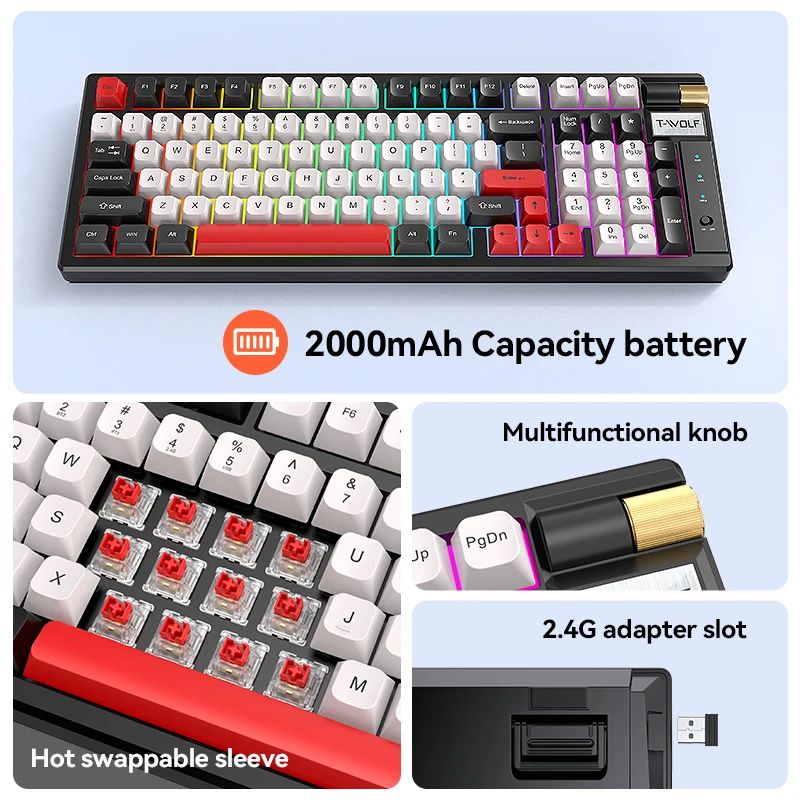 T70 Three mode mechanical keyboard Hot Swappable custom RGB computer gaming keyboard Wireless keyboard with knob