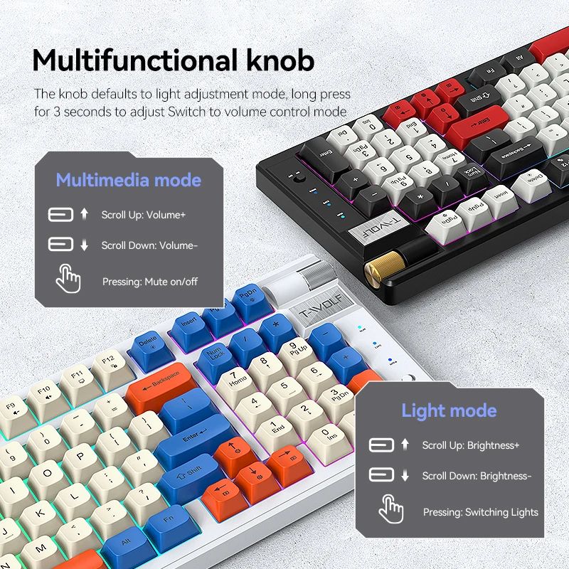 T70 Three mode mechanical keyboard Hot Swappable custom RGB computer gaming keyboard Wireless keyboard with knob