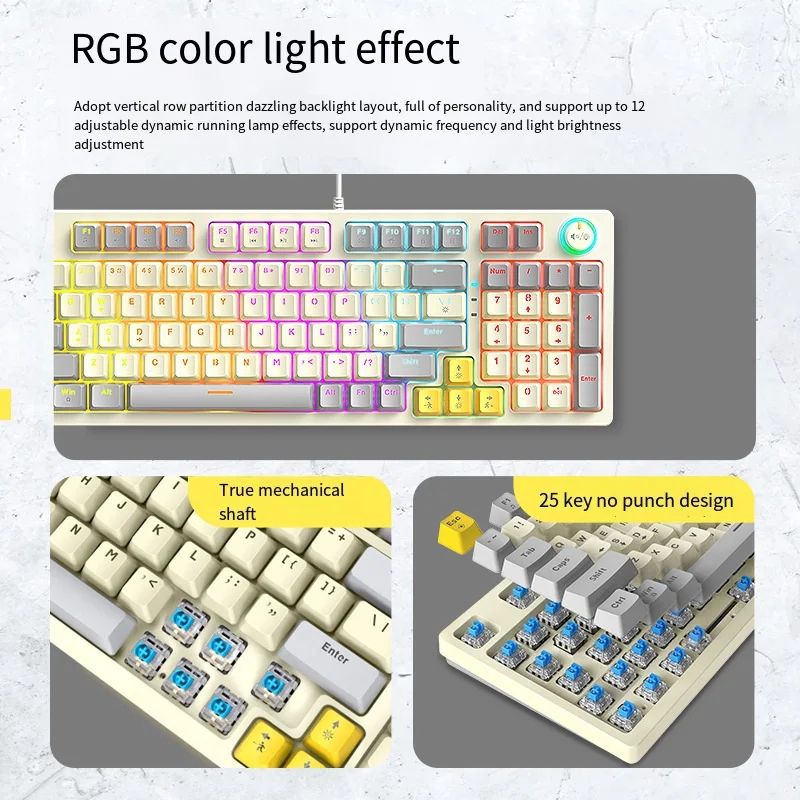 Grey  Cream T-Wolf T50 97 Key RGB Backlit Wired Mechanical Keyboard with Multimedia Knob and Dynamic Backlit