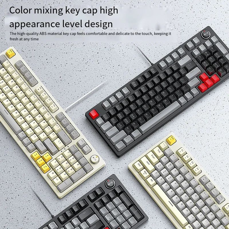 Grey  Cream T-Wolf T50 97 Key RGB Backlit Wired Mechanical Keyboard with Multimedia Knob and Dynamic Backlit