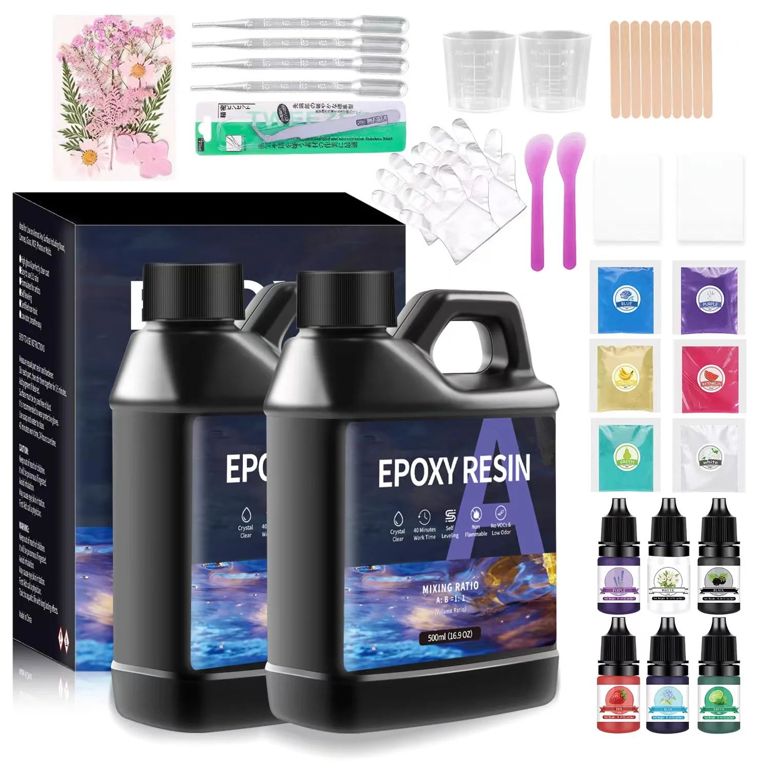 Epoxy Resin kit 1:1 DIY  for Art Epoxy Resin Craft Tool Package Resin. Comes with Colors, Gloves, Sticks and flowers