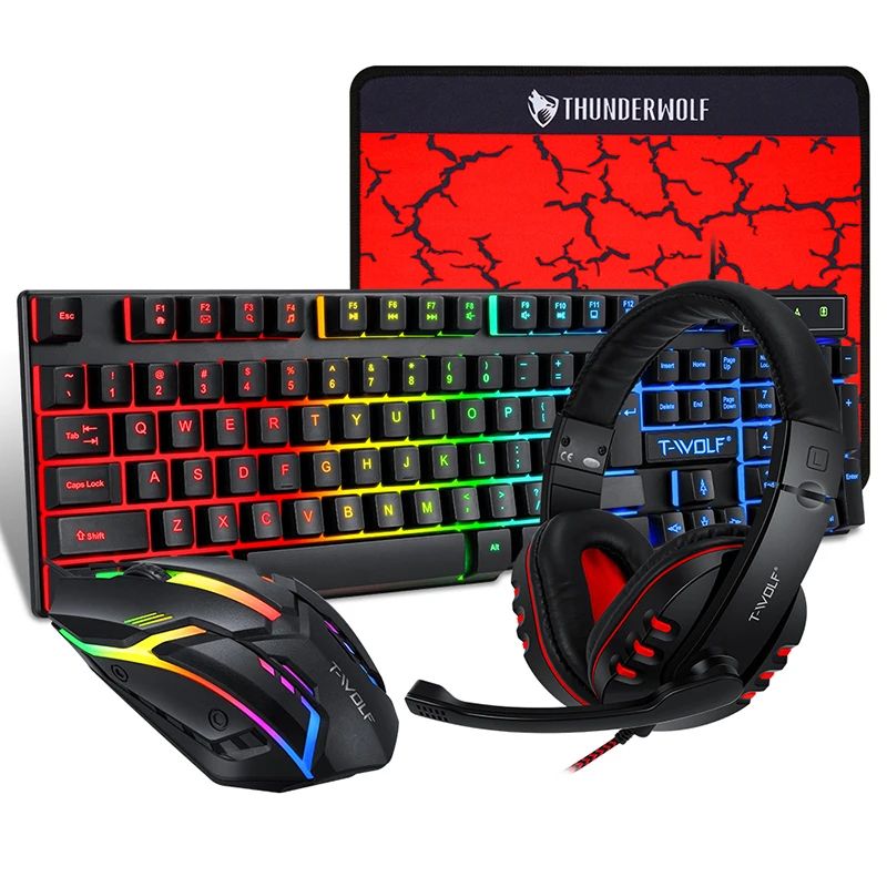 T-WOLF TF850 Gaming keyboard mouse and gaming headset and speaker mouse pad wired RGB backlight keyboard combos for computer