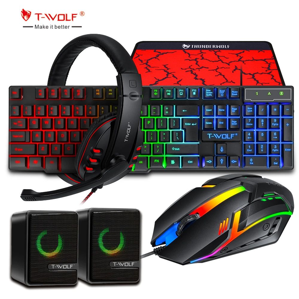 5 in 1  Gaming keyboard mouse and gaming headset and speaker mouse pad wired RGB backlight keyboard combos for computer, Console etc