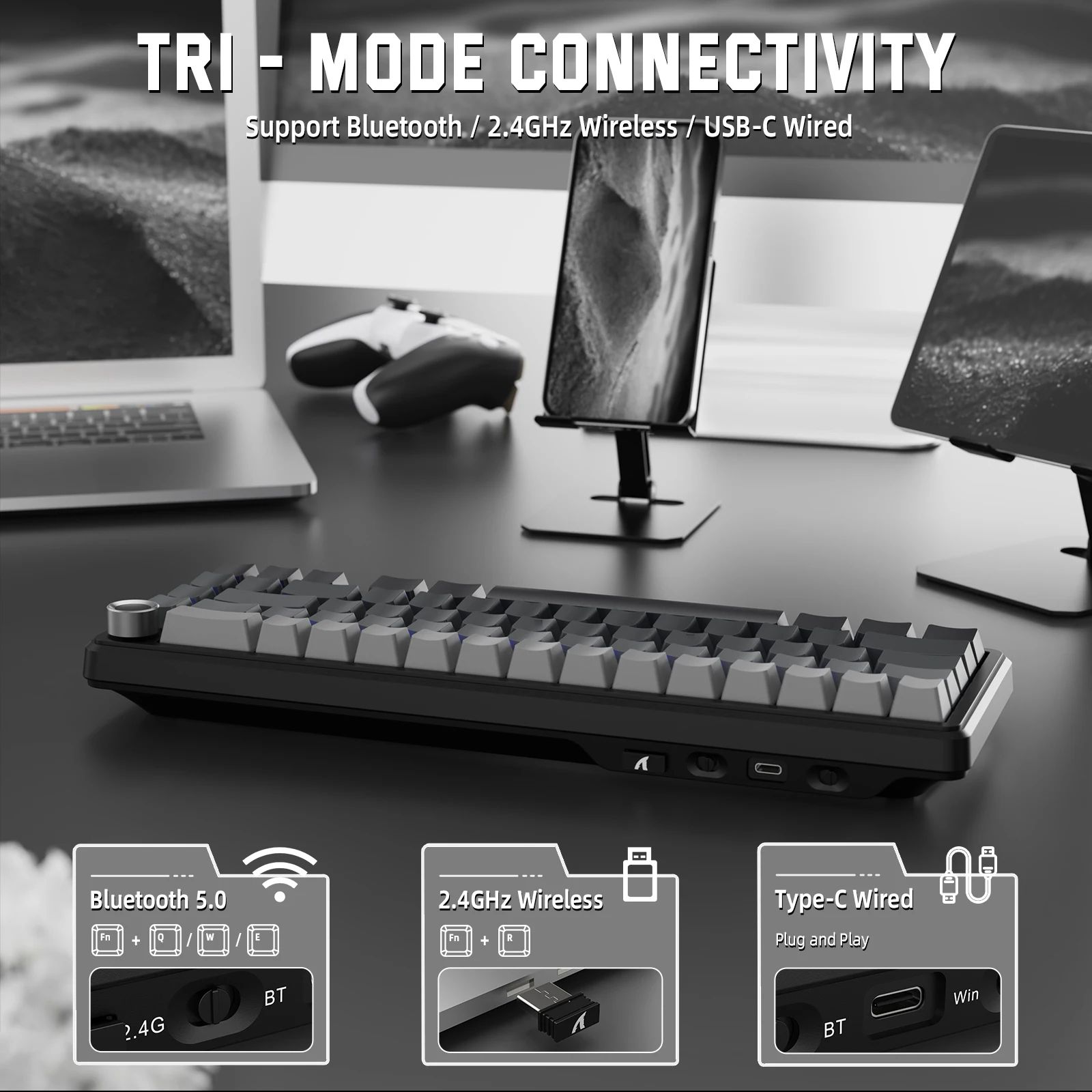 X66 Wireless Mechanical Gaming Keyboard with Knob,Tri Mode USB-C/BT5.0/2.4G Gasket Mounted 60% RGB Gaming Keyboard, Side Printed PBT Keycap,Hot Swappable Strawberry Switch(Moonlight)