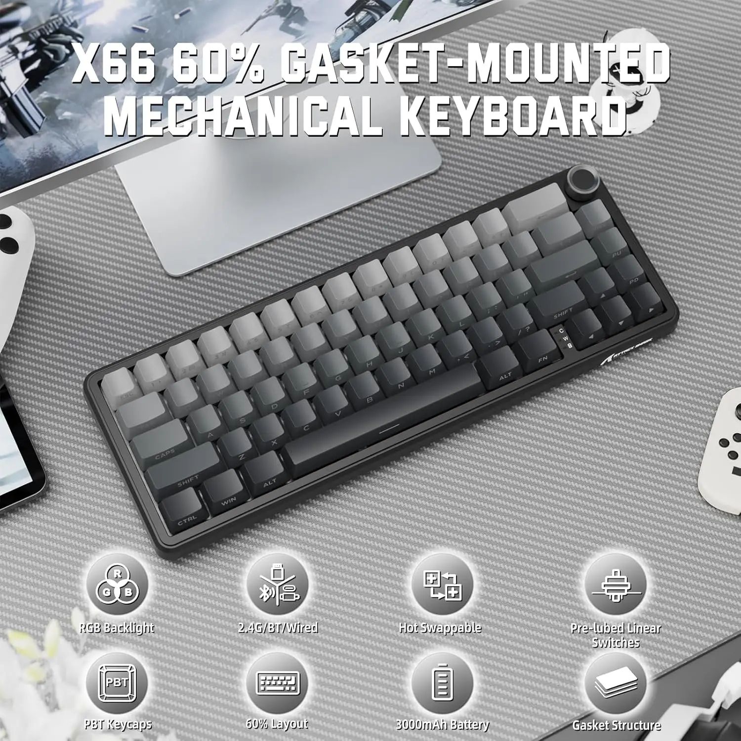 X66 Wireless Mechanical Gaming Keyboard with Knob,Tri Mode USB-C/BT5.0/2.4G Gasket Mounted 60% RGB Gaming Keyboard, Side Printed PBT Keycap,Hot Swappable Strawberry Switch(Moonlight)