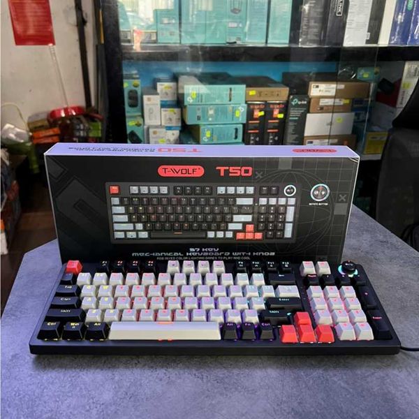 Grey  Cream T-Wolf T50 97 Key RGB Backlit Wired Mechanical Keyboard with Multimedia Knob and Dynamic Backlit