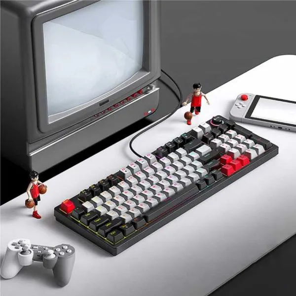 Grey  Cream T-Wolf T50 97 Key RGB Backlit Wired Mechanical Keyboard with Multimedia Knob and Dynamic Backlit