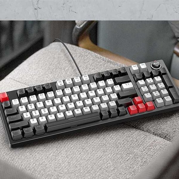 Grey  Cream T-Wolf T50 97 Key RGB Backlit Wired Mechanical Keyboard with Multimedia Knob and Dynamic Backlit