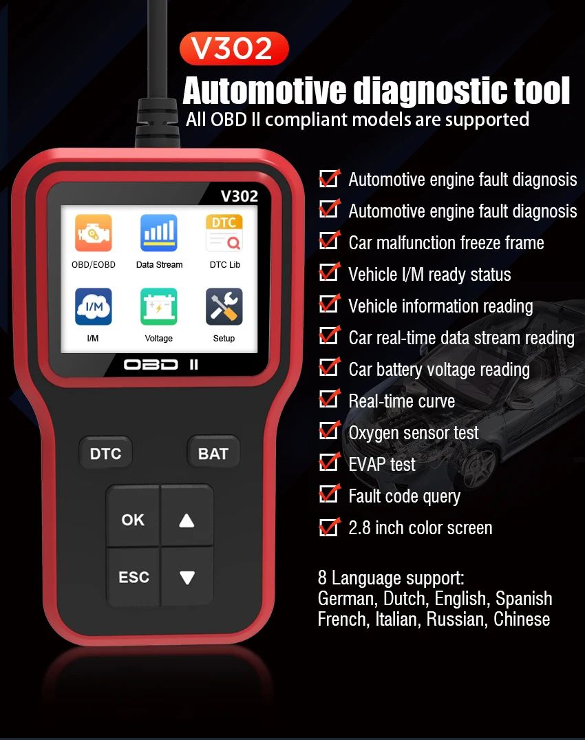 New Arrival V302 Smart Car Diagnostic Scanner Automotive Professional Code Reader Obd 2 Diagnostic Machine for All Vehicles