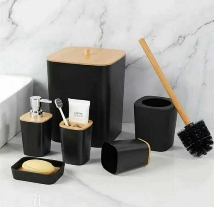 HOT SALES!!!! 6 in 1 Bamboo set includes {Toothbrush holder, Soap dispenser, Toilet brush, Trash can....}