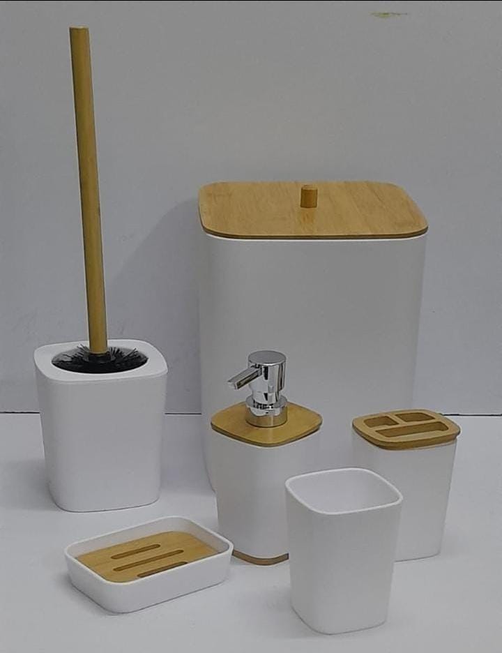 LIMITED OFFER!!!! 6 in 1 Bamboo set includes {Toothbrush holder, Soap dispenser, Toilet brush, Trash can....}