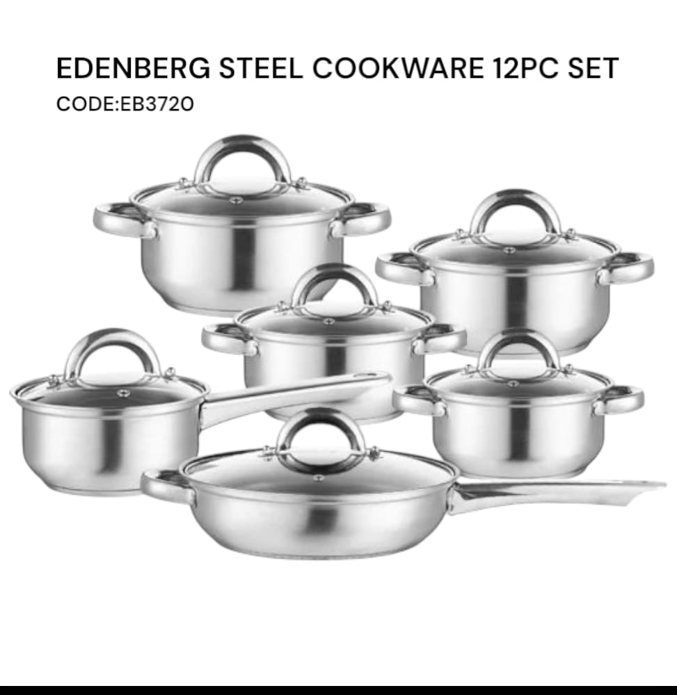 [KILIMALL SPECIAL OFFER JUST FOR YOU 🤩🤩✨ !!! ] 12 Pc Classy Very High Quality Stylish ARRIVAL EB3720 Edenberg Stainless Steel Cookware with Glass Lid.Desiring To Serve The Best Experience✨👌