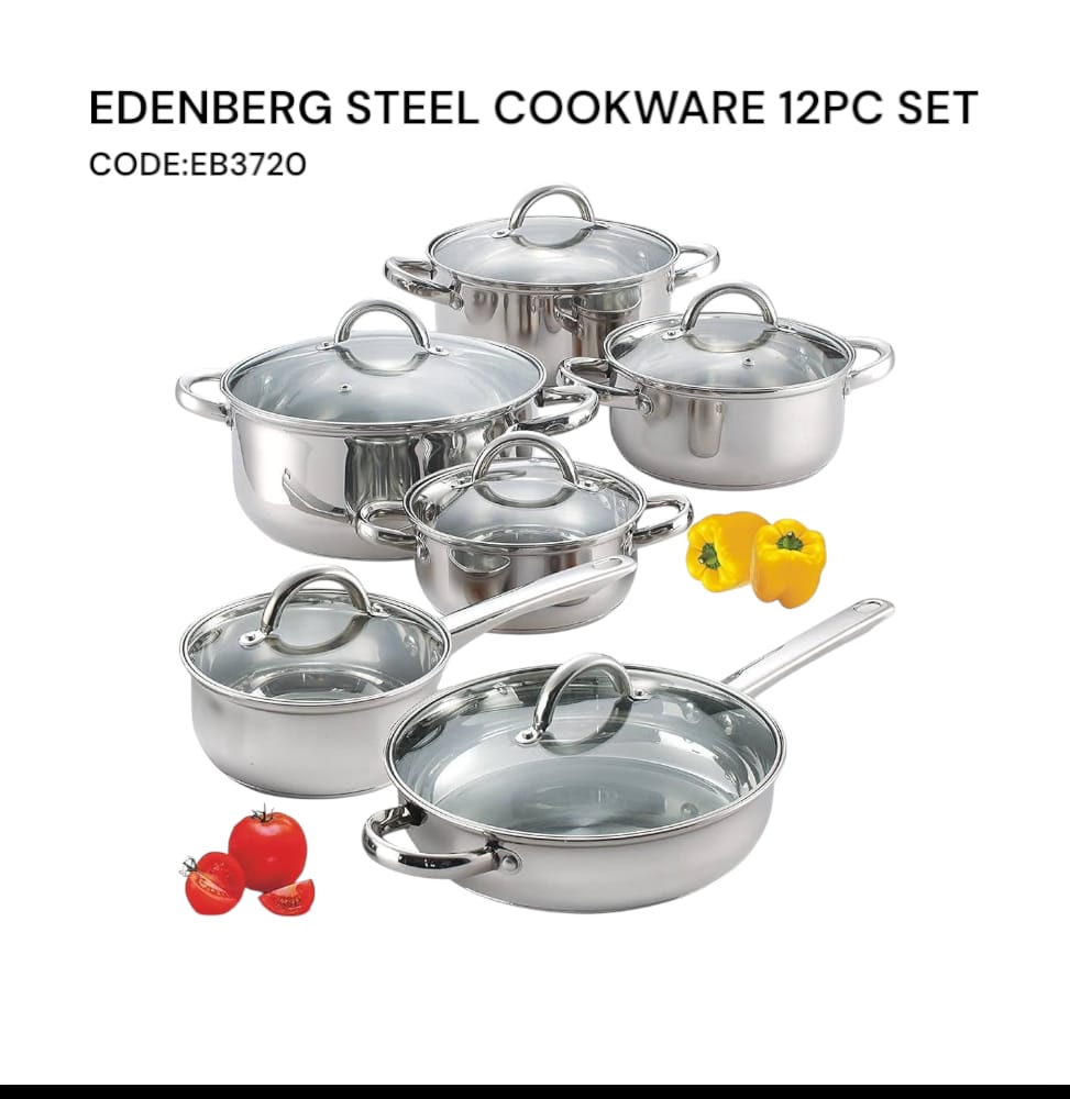 [KILIMALL SPECIAL OFFER JUST FOR YOU 🤩🤩✨ !!! ] 12 Pc Classy Very High Quality Stylish ARRIVAL EB3720 Edenberg Stainless Steel Cookware with Glass Lid.Desiring To Serve The Best Experience✨👌