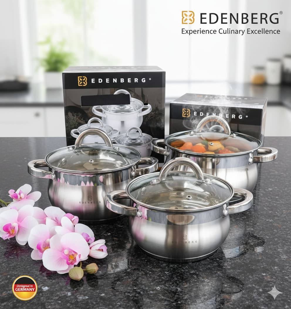 💥 DISCOUNT OFFER 💥pgrade your kitchen with Edenberg 
✅6pcs Stainless steel  set
✅High-grade Stainless steel 
✅Heat resistant glass lids
