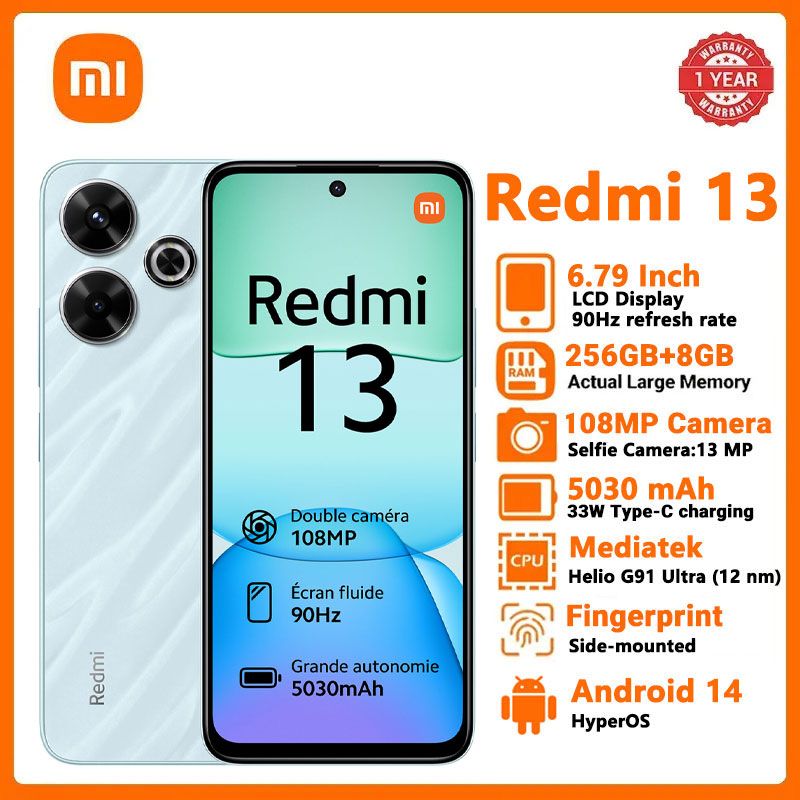 [new launch]Xiaomi Redmi 13 8GB RAM+256GB 6.79"  Display Phones 108MP Camera 5030mAh Battery 33W Charging Android 14 Smart Phones