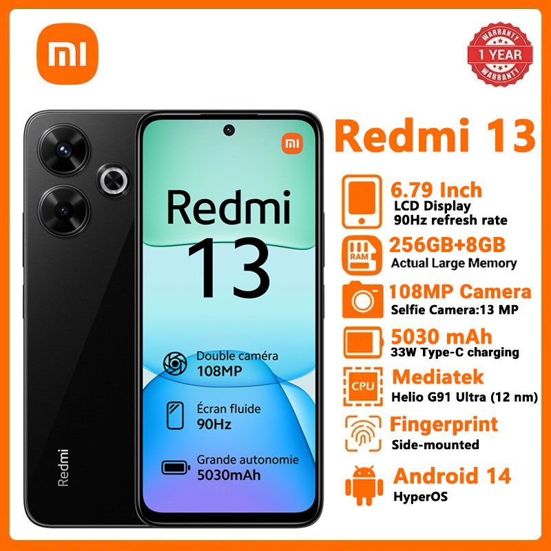 [new launch]Xiaomi Redmi 13 8GB RAM+256GB 6.79"  Display Phones 108MP Camera 5030mAh Battery 33W Charging Android 14 Smart Phones