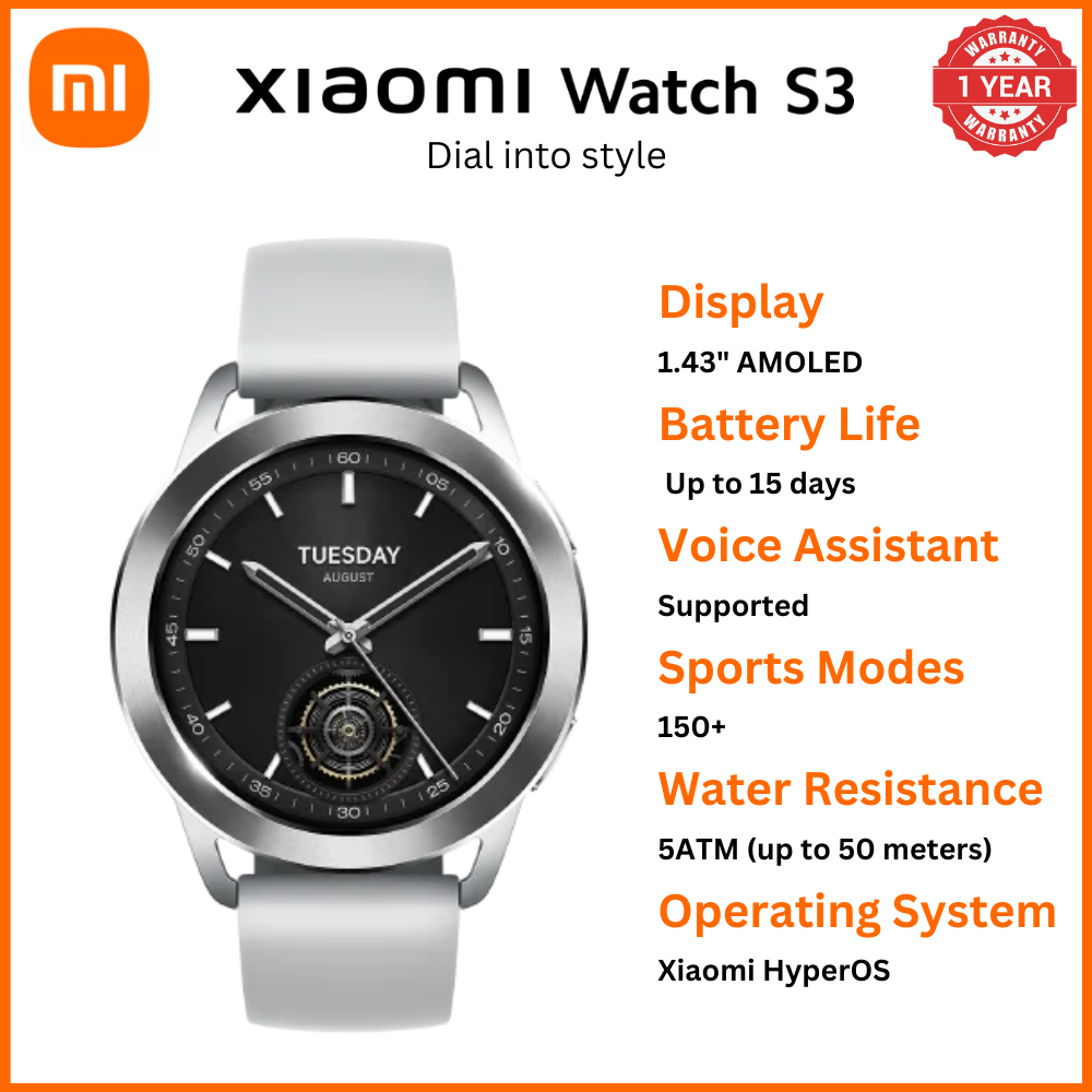 XIAOMI WATCH S3 - 1.43" AMOLED display , Up to 15-day battery life*, Supports Bluetooth® phone call , Supports 150+ sports modes, all-round health monitoring* ,