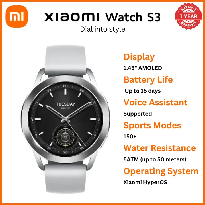 XIAOMI WATCH S3 - 1.43" AMOLED display , Up to 15-day battery life*, Supports Bluetooth® phone call , Supports 150+ sports modes, all-round health monitoring* ,