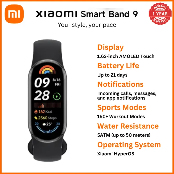 XIAOMI SMART BAND 9 BLACK  21-day battery life Up to 1200 nits adjustable brightness Magnetic charging  5 ATM Water Resistance