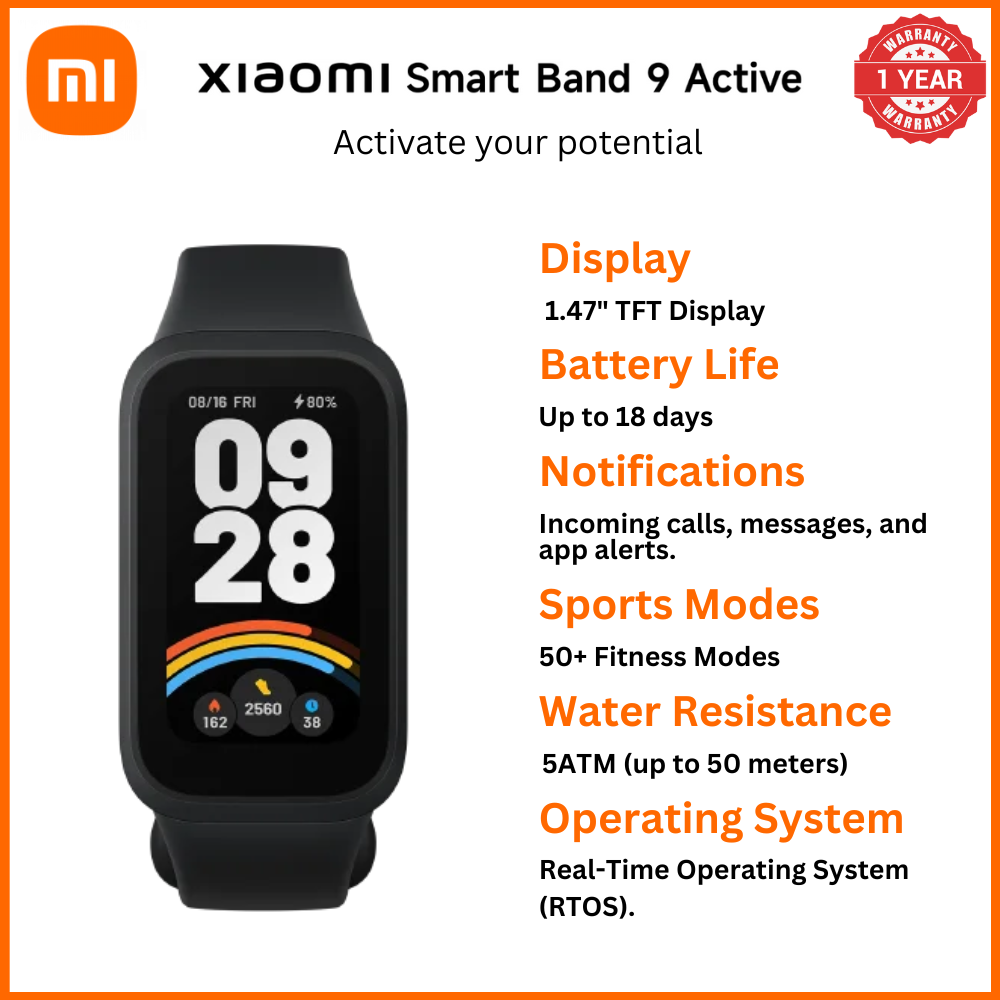 Xiaomi Smart Band 9 Active 18 days Battery Life 1.47-inch TFT quartz movement system monitors various aspects of your health and fitness