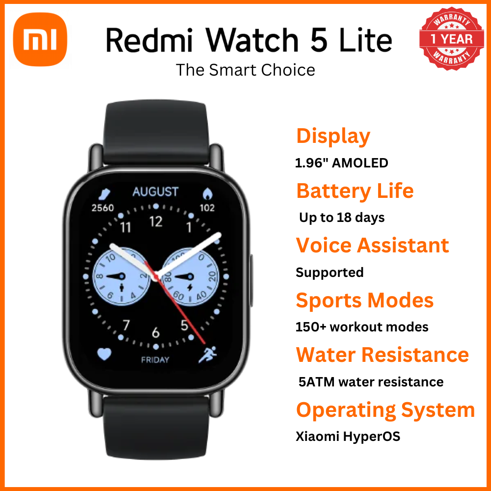 Redmi Watch 5 Lite Smartrtwatch 1.96" Amoled, Advanced in-Built GPS 5 ATM 18 Day Battery Bluetooth Calling with AI Noise Reduction Always on Display Black
