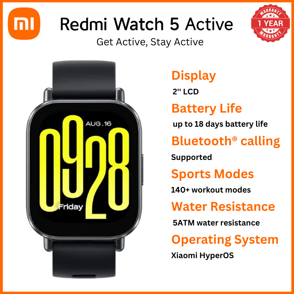 Xiaomi Redmi Smart watch 5 ACTIVE 2'' LCD Display Bluetooth with silicone strap18-Day Battery Built-in Alexa & 140+ Sports Modes Health Tracking Water Resistant Technology. Sportrts watch calls.