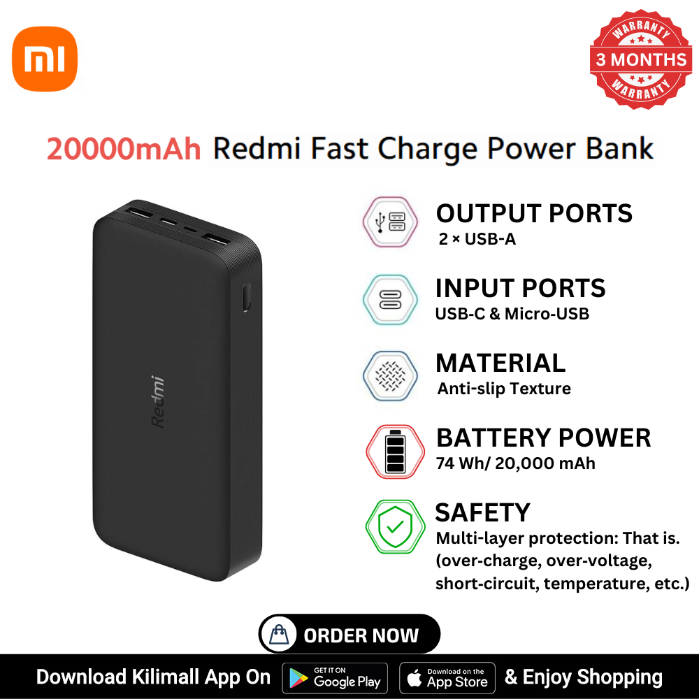 20,000 mAh Redmi Fast Charge Power Bank - Dual input ports丨Dual output ports丨74Wh high capacity丨Two-way 18W fast charging