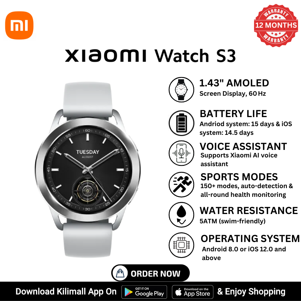 XIAOMI WATCH S3 - 1.43" AMOLED display , Up to 15-day battery life*, Supports Bluetooth® phone call , Supports 150+ sports modes, all-round health monitoring* ,