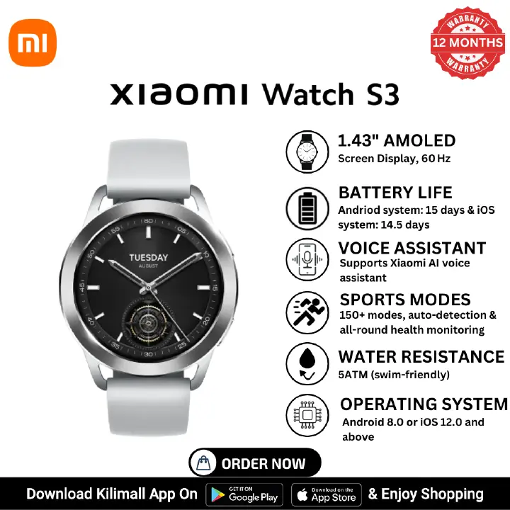 XIAOMI WATCH S3 - 1.43" AMOLED display , Up to 15-day battery life*, Supports Bluetooth® phone call , Supports 150+ sports modes, all-round health monitoring* ,