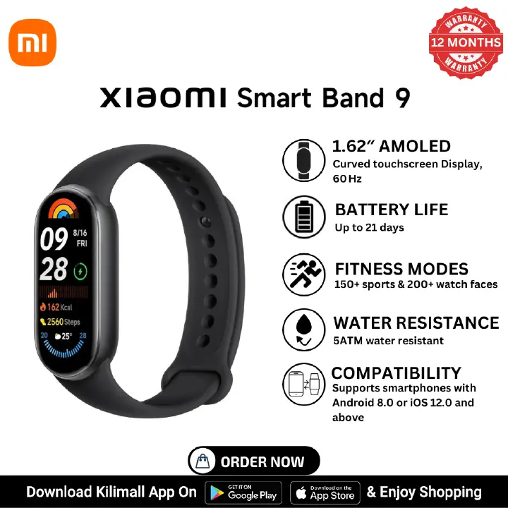 XIAOMI SMART BAND 9 BLACK  21-day battery life Up to 1200 nits adjustable brightness Magnetic charging  5 ATM Water Resistance