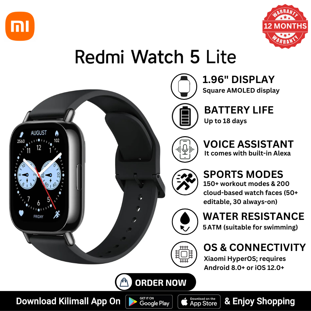 Redmi Watch 5 Lite Smartrtwatch 1.96" Amoled, Advanced in-Built GPS 5 ATM 18 Day Battery Bluetooth Calling with AI Noise Reduction Always on Display Black