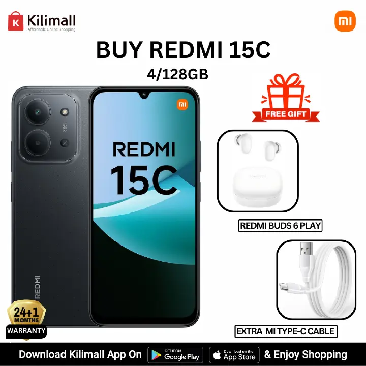 [New Launch + Free GIFTS] Redmi 15C Smartphone Display 6.9” 120Hz - 4GB Ram + 128GB Rom Dual SIM, 4G , 6000mAh Battery ,50MP AI dual camera ,33W fast charging ,IP64 ,MediaTek Helio G81-Ultra