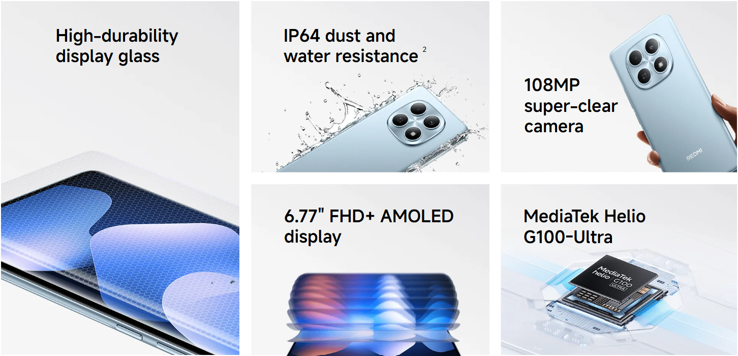 【Xiaomi Official】REDMI Note 15 Smartphone 6.77" AMOLED Display 6GB +128GB Dual SIM 108MP main camera 20MP front camera 6000mAh battery 33W In-screen fingerprint 120Hz Splash, Water and Dust Resistant