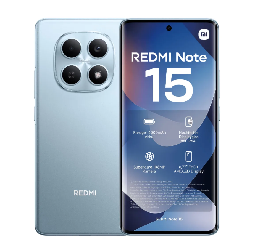 【Xiaomi Official】REDMI Note 15 Smartphone 6.77" AMOLED Display 6GB +128GB Dual SIM 108MP main camera 20MP front camera 6000mAh battery 33W In-screen fingerprint 120Hz Splash, Water and Dust Resistant