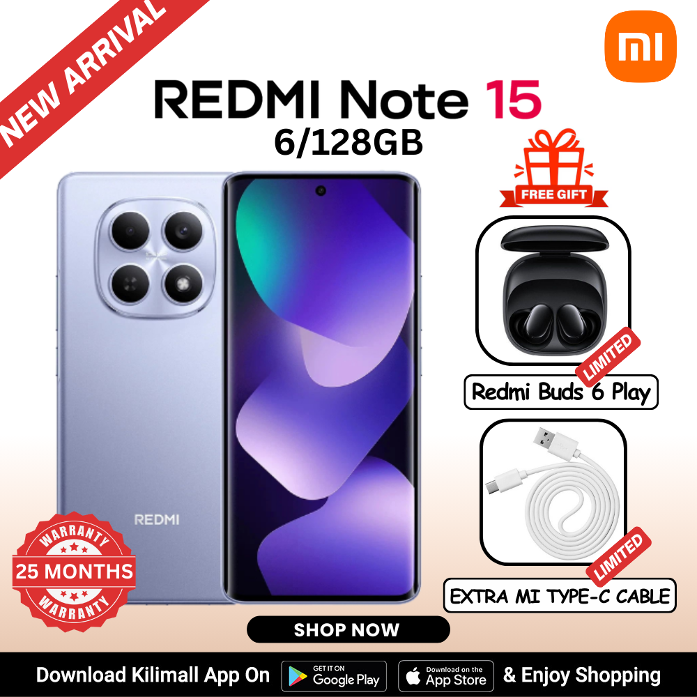 【Xiaomi Official】REDMI Note 15 Smartphone 6.77" AMOLED Display 6GB +128GB Dual SIM 108MP main camera 20MP front camera 6000mAh battery 33W In-screen fingerprint 120Hz Splash, Water and Dust Resistant