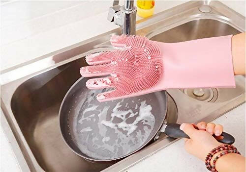 Magic Silicone Dishwashing Gloves / Pet Grooming Rubber Scrubbing for Dishes / Sponge Wash Cleaning with Scrubbers
