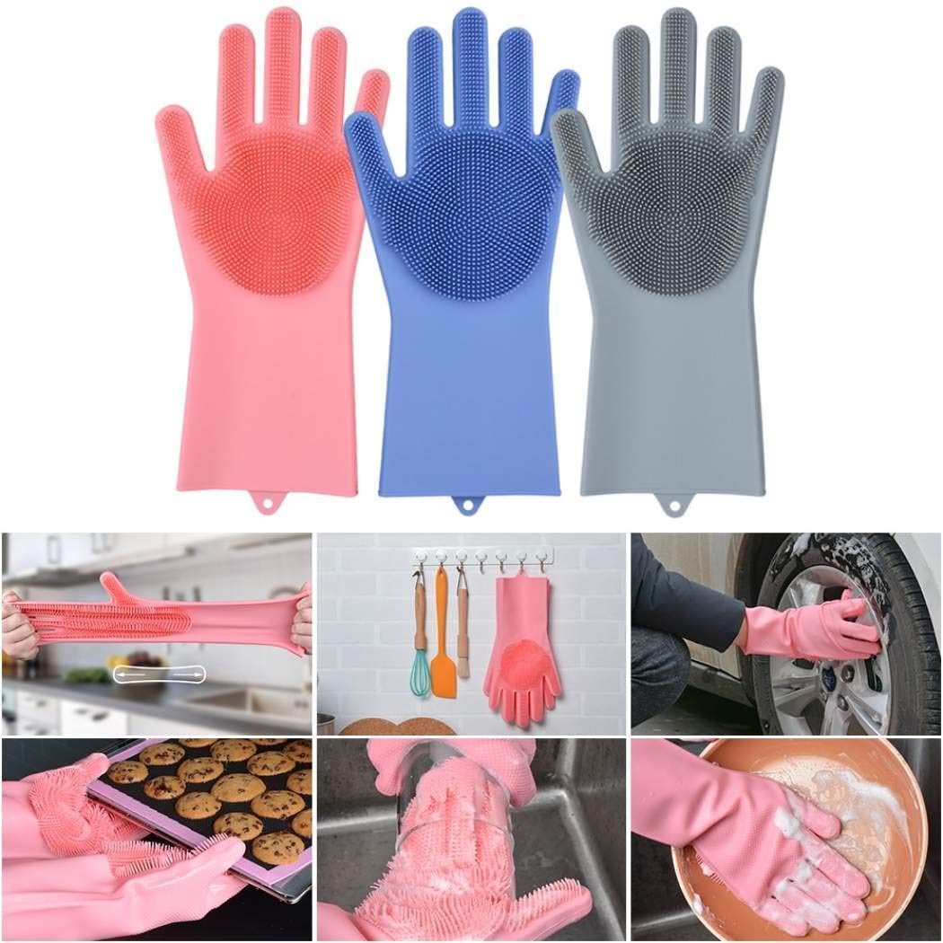 Magic Silicone Dishwashing Gloves / Pet Grooming Rubber Scrubbing for Dishes / Sponge Wash Cleaning with Scrubbers