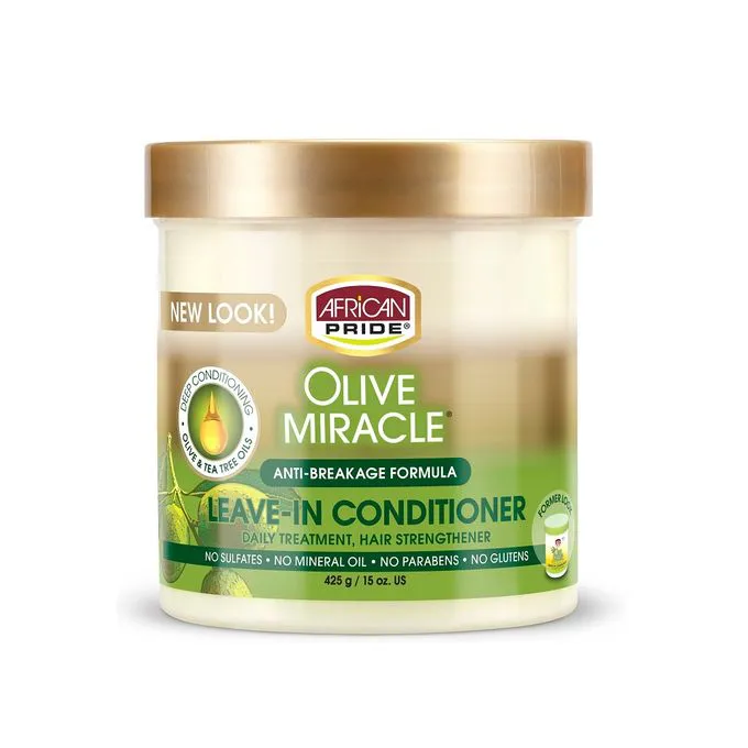 AFRICAN PRIDE Olive Miracle Leave In Conditioner with Extra Virgin Olive oil for the ultimate in silky smooth deep conditioned hair and a moisture rich healthy scalp.