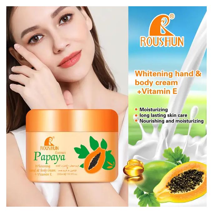 Roushun Papaya extract whitening hand and body cream-300ml prevents skin damage, makes your skin young, moisturizes, improves skin elasticity and bright