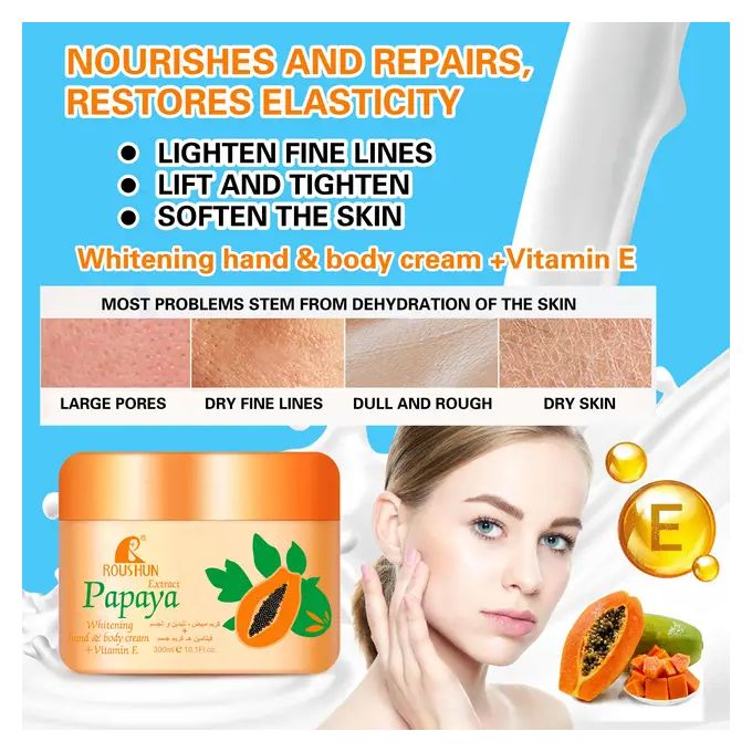 Roushun Papaya extract whitening hand and body cream-300ml prevents skin damage, makes your skin young, moisturizes, improves skin elasticity and bright