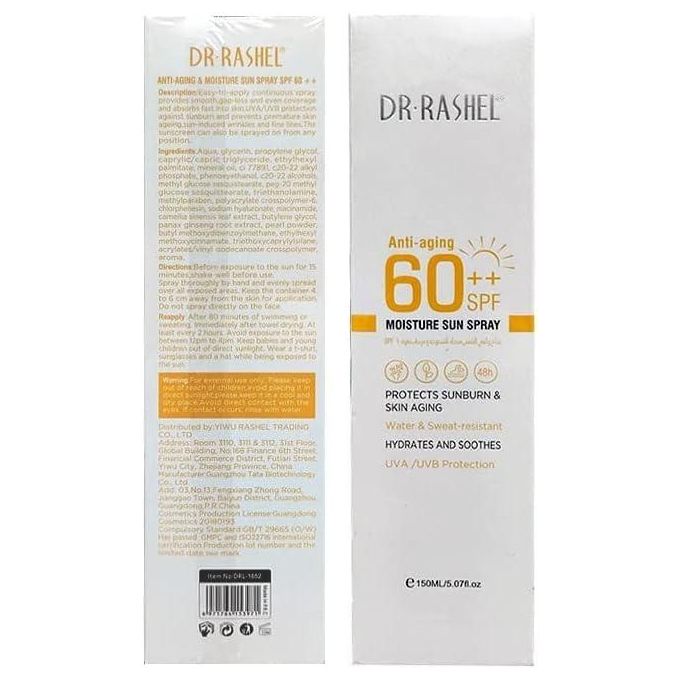 Dr. Rashel Moisture Sun Spray Anti-Aging Spf 60++ 150ml lightweight, non-greasy formula provides long-lasting hydration while preventing signs of aging such as wrinkles and fine lines.