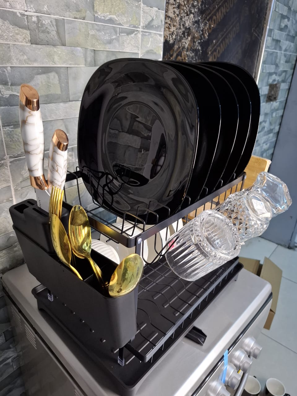 2 Layers carbon coated kitchen dish rack...360 swivel spout,Drain directly,Large capacity,stainless steel cutlery rack